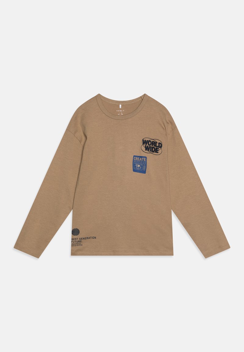 Langermet skjorte i beige bomull med grafiske trykk som leser "WORLDWIDE" og "CREATE FUTURE." Har rund hals og en avslappet passform.