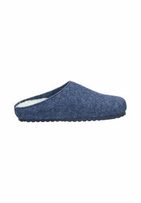 Dark blue felt slipper with a soft, cream-colored lining, backless design, rounded toe, and textured rubber sole for grip.