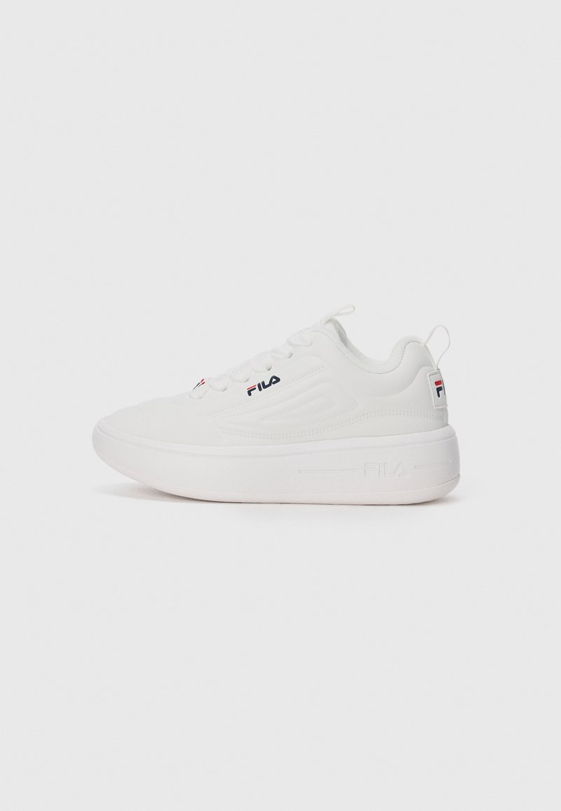 White athletic sneakers with a smooth leather-like material, rounded toe, lace-up design, and Fila logo on the side and back.