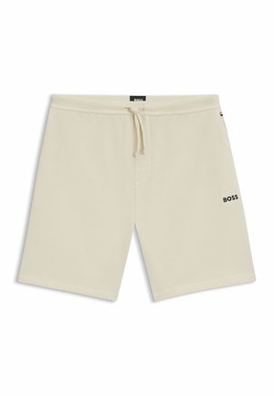 Shorts cargo beige en tissu texturé, avec une taille élastique dotée d'un cordon de serrage et un petit logo "BOSS" noir sur le côté.