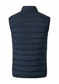 Marineblauwe, mouwloze puffer vest met een hoge kraag, voorzien van horizontaal gestikte secties en een gladde, zachte textuur.