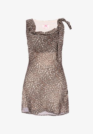 Ärmelloses Minikleid mit braunem Blumenmuster, asymmetrischem Ausschnitt und einer Schleifenapplikation an einer Schulter.