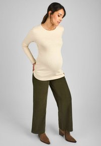 Un top bej cu mânecă lungă, asortat cu pantaloni largi de culoare verde măsliniu. Întregul outfit se remarcă prin texturi moi și culori bine contrastate. Botinele maro cu toc finalizează look-ul.