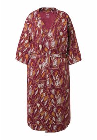 Bordový hábit s paisley vzorem v bílé a zlaté barvě. Má výstřih do V, tříčtvrteční rukáv a ladící opasek.