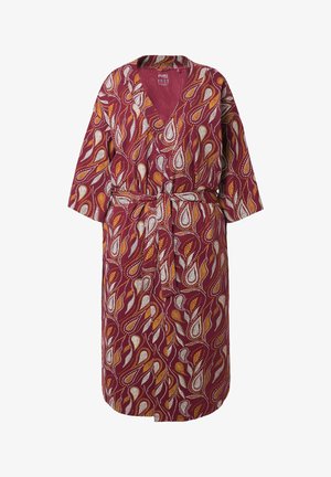 Roba color borgogna con un motivo paisley in bianco e oro. Presenta un colletto a V, maniche a tre quarti e una cintura abbinata.