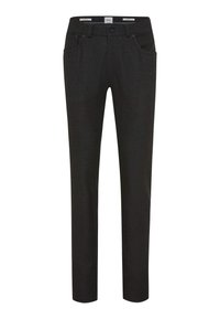 Pantalon noir en tissu texturé avec une coupe slim. Comprend deux poches avant et une taille standard avec fermetures.