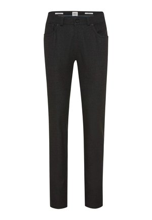 Pantaloni neri in tessuto strutturato con vestibilità slim. Presentano due tasche anteriori e una vita standard con chiusure.