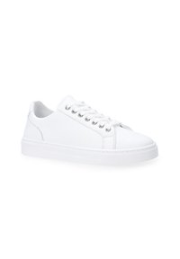 Hvid sneakers med en glat læderoverdel, rund tå og snørebånd. Har en tyk hvid gummisål og et minimalistisk design.