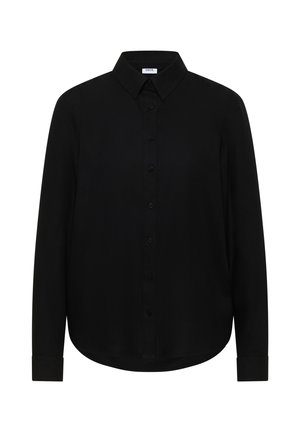 Camisa negra de manga larga con botones, cuello puntiagudo y dobladillo redondeado, con la etiqueta "Cecil" en el interior del cuello.