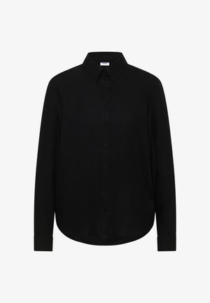 Czarna koszula z długim rękawem, zapinana na guziki, z ostrym kołnierzem i zaokrąglonym dołem, z metką "Cecil" wewnątrz przy szyi.