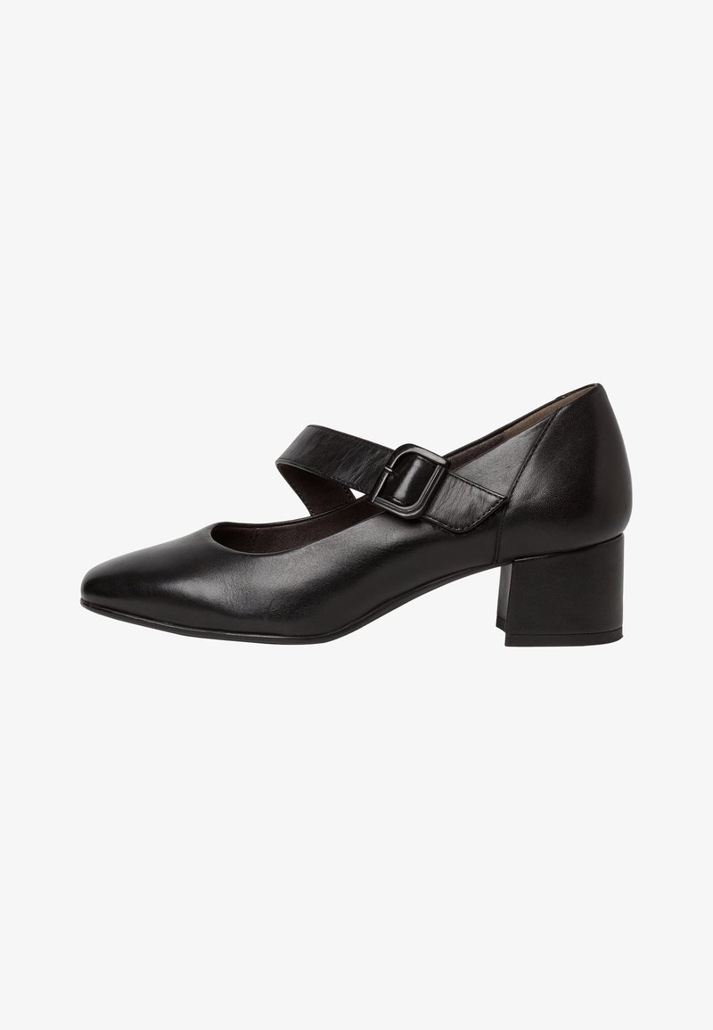 Chaussure Mary Jane en cuir noir avec un bout arrondi, équipée d'une bride avec boucle réglable sur le cou-de-pied et d'un talon bloc.