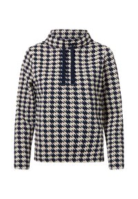 Pullover mit hohem Kragen, ausgestattet mit einem Harris-Tweed-Muster in Marineblau und Creme. Hergestellt aus strukturiertem Stoff mit lockerer Passform.