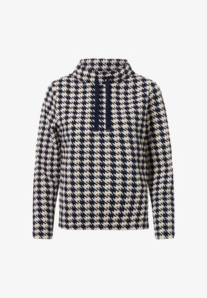 Pullover met hoge kraag, voorzien van een pied-de-poule patroon in marineblauw en crème. Gemaakt van textiel met een relaxed fit.