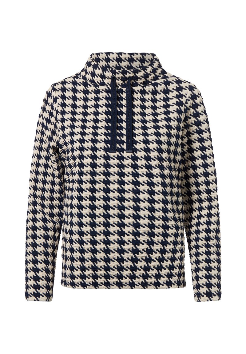 Pullover mit hohem Kragen, ausgestattet mit einem Harris-Tweed-Muster in Marineblau und Creme. Hergestellt aus strukturiertem Stoff mit lockerer Passform.