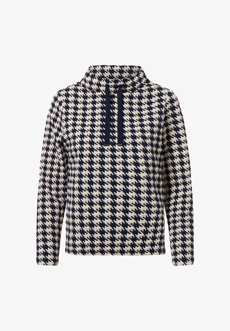 Pullover mit hohem Kragen, ausgestattet mit einem Harris-Tweed-Muster in Marineblau und Creme. Hergestellt aus strukturiertem Stoff mit lockerer Passform.