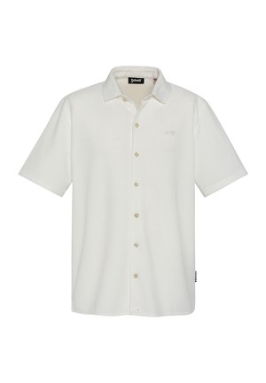 Wit kort mouw overhemd met knopen en kraag, textuurgaren stof, en een subtiel geborduurd logo op de linkerborst.