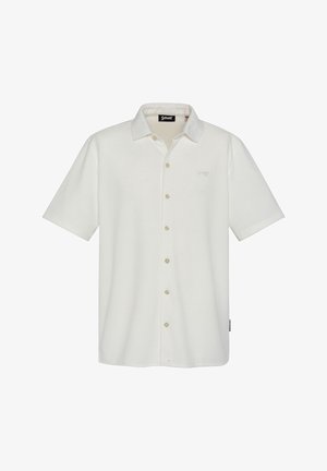 Wit kort mouw overhemd met knopen en kraag, textuurgaren stof, en een subtiel geborduurd logo op de linkerborst.