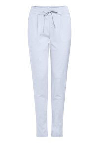 Ljusgrå sweatpants gjorda av mjukt material, med dragsko i midjan, två frontveck och tapered ben.