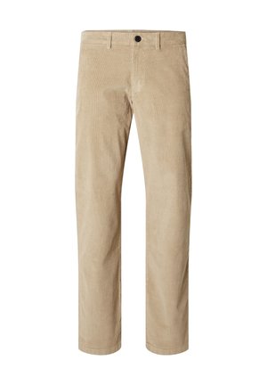 Beige corduroy broek met een recht model, voorzien van een knoopsluiting en subtiele ribbels, ideaal voor casual draag.