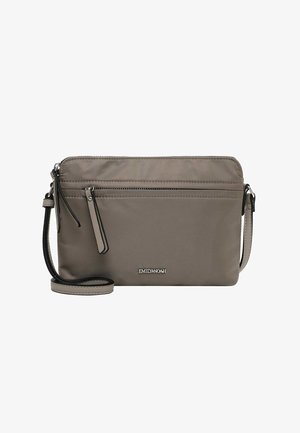 Graue Umhängetasche mit vorderer Reißverschlusstasche, verstellbarem Riemen und "Emily & Noah" Logo auf der Vorderseite.