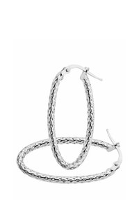 Silver hoop earrings with a twisted texture, featuring a latch closure and a smooth, polished surface. Circular shape, medium size.