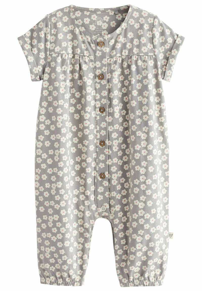 Grenouillère grise pour bébé à manches courtes, motif fleurs blanches et roses, boutons en bois sur le devant, et ouvertures élastiquées aux jambes.