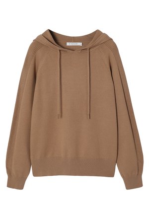 Brązowy hoodie, wykonany z lekkiego dzianinowego materiału, z regulowanym kapturem, żeberkowym wykończeniem u dołu i na mankietach oraz teksturowanymi bocznymi panelami. Prosty design, luźny krój.