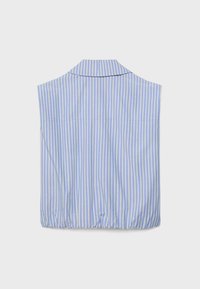 Blouse sans manches à rayures verticales bleu clair et blanc avec col, vue de dos sur un fond uni.