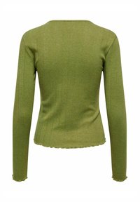 Groen langemouwtop gemaakt van ribbelstof. Het heeft een ronde halslijn en een gegolfde zoom met een aansluitende silhouet.