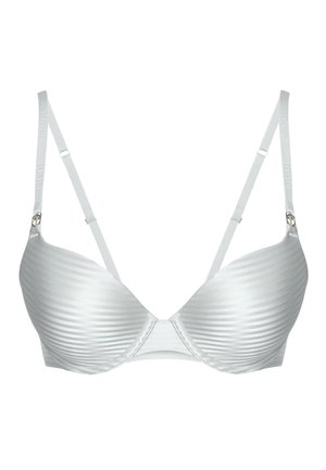 Sostén acolchado blanco con tirantes finos ajustables y un sutil patrón de rayas horizontales en las copas.
