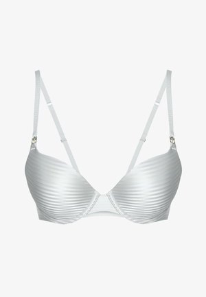 Sostén acolchado blanco con tirantes finos ajustables y un sutil patrón de rayas horizontales en las copas.