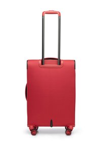 Rode hard-shell koffer met een gladde textuur, telescoophandvat en vier dubbele wielen voor mobiliteit. Eenvoudig, rechthoekig ontwerp.