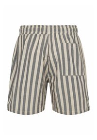 Pantalones cortos a rayas con cinturilla elástica, que presentan rayas verticales en gris y crema, y un único bolsillo trasero.