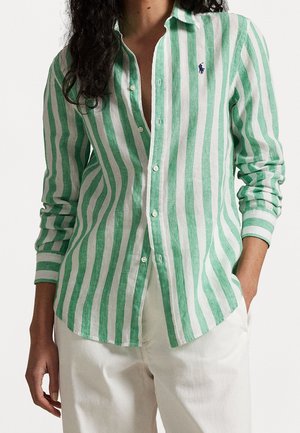 Groene en witte gestreepte linnen shirt met lange mouwen, knoopsluiting aan de voorkant en een klein logo op de borst. Gladde textuur, comfortabele pasvorm.