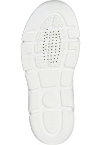 White rubber shoe sole featuring textured patterns, perforations for breathability, and embossed brand logo. Distinct sections defined for traction.