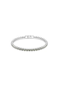 Bracciale argentato con pietre rotonde e trasparenti incastonate in una catena flessibile, dotato di una chiusura sicura per un facile utilizzo.