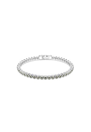 Bracelet en ton argent avec des pierres transparentes rondes montées sur une chaîne flexible, doté d'un fermoir sécurisé pour un enfilage facile.