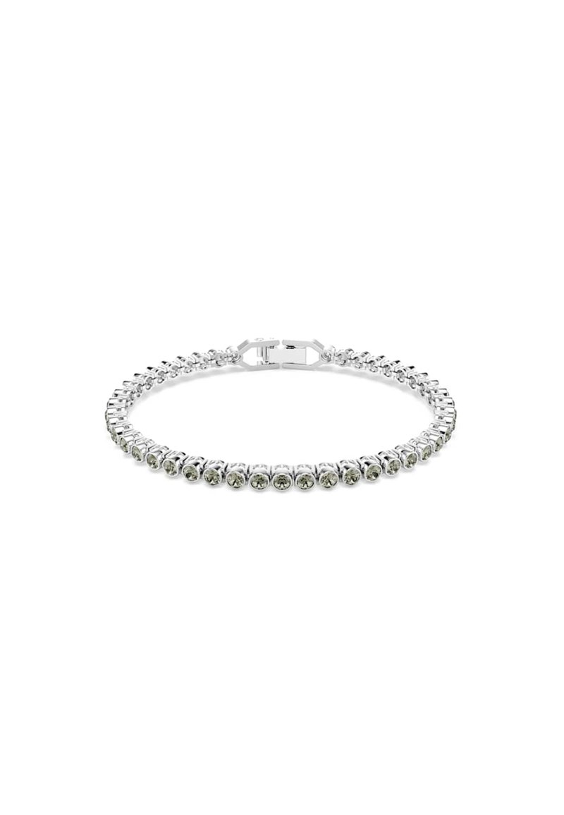 Bracciale argentato con pietre rotonde e trasparenti incastonate in una catena flessibile, dotato di una chiusura sicura per un facile utilizzo.