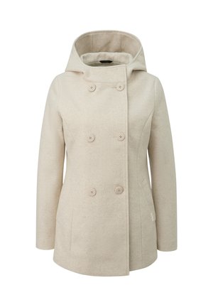 Beżowy płaszcz dwurzędowy z kapturem, wykonany z teksturowanej tkaniny, z czterema dużymi guzikami i bocznymi kieszeniami. Gładkie wykończenie i dopasowany krój.