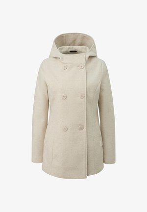 Beiger, doppelt geknöpfter Mantel mit Kapuze aus einem strukturierten Stoff, mit vier großen Knöpfen und Seitentaschen. Glatte Oberfläche und maßgeschneiderte Passform.