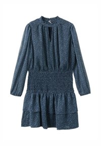 Vestido azul con estampado, de mangas largas, con escote de ojal, cintura fruncida y dobladillo de volantes en capas. Hecho de una tela ligera.