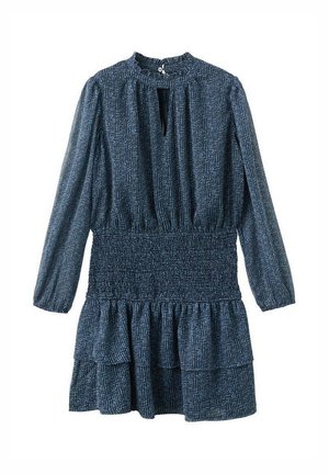 Vestido azul con estampado, de mangas largas, con escote de ojal, cintura fruncida y dobladillo de volantes en capas. Hecho de una tela ligera.