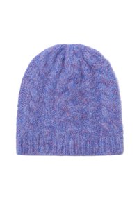 Kootud beanie pehmest, mitme tooni lilla lõngast. Omab soonikulist äärt ja tekstuurset mustrit kogu ulatuses.