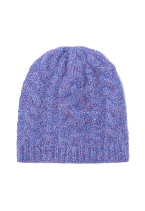 Knitted beanie in soft, multi-toned purple yarn. Features a ribbed cuff and textured pattern throughout.