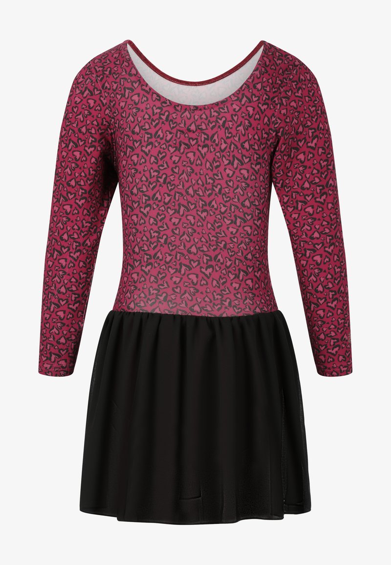 Vaaleanpunainen pitkähihainen mekko, jossa on musta hameosa, sydänkuvioisella yläosalla. Pehmeää kangasta, pyöreä pääntie ja rypytetty hame.