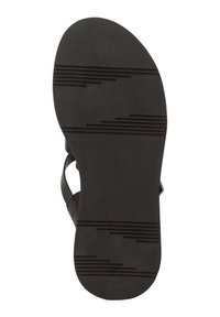 Black rubber sandal sole featuring horizontal ridges for grip; rounded shape with a smooth texture and no visible embellishments.