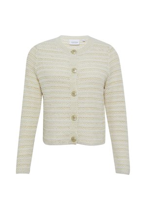 Light cream-colored cardigan made of textured knit, featuring a round neckline, long sleeves, and six button closures across the front.