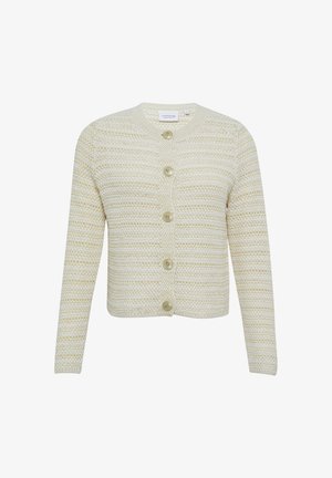 Light cream-colored cardigan made of textured knit, featuring a round neckline, long sleeves, and six button closures across the front.