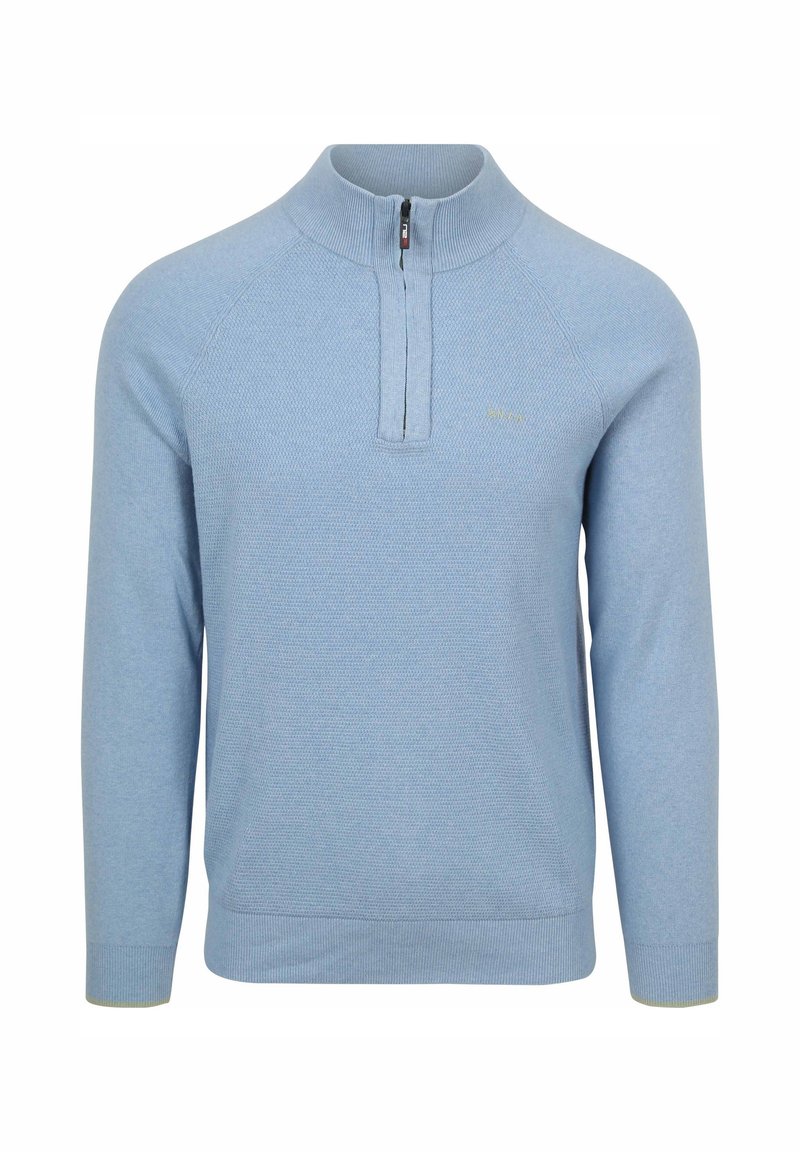 Lichtblauwe pullover trui met een hoge kraag en een kwart rits. Ribgebreide manchetten en tailleband, met een gevarieerd breipatroon.