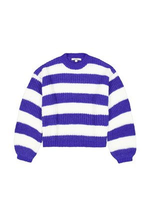 Pull en maille épaisse avec de larges rayures horizontales violettes et blanches et manches longues, présenté sur fond blanc.